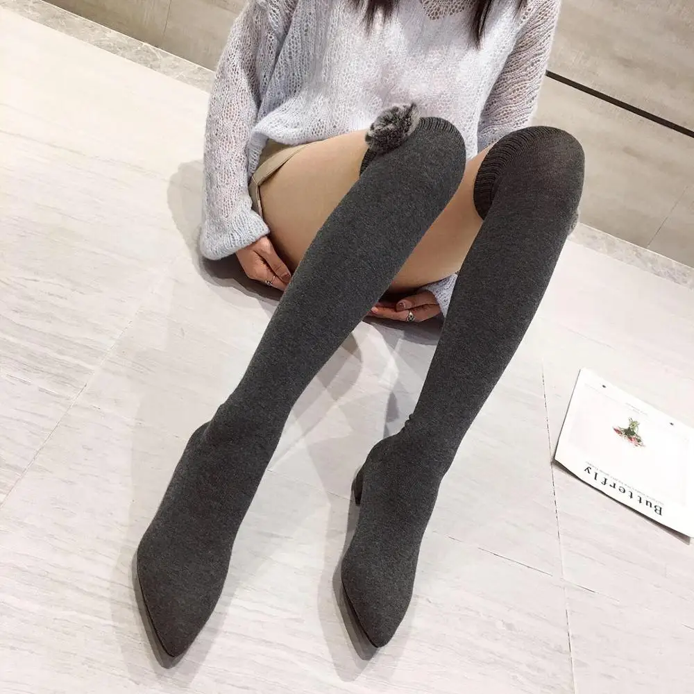 NIUFUNI 2021 Lady Over The Knee Sock Boots Fashion Flower Knitting Thigh Boots Pointed Toe Chunky Heel Elasitc Sock Boots Shoes