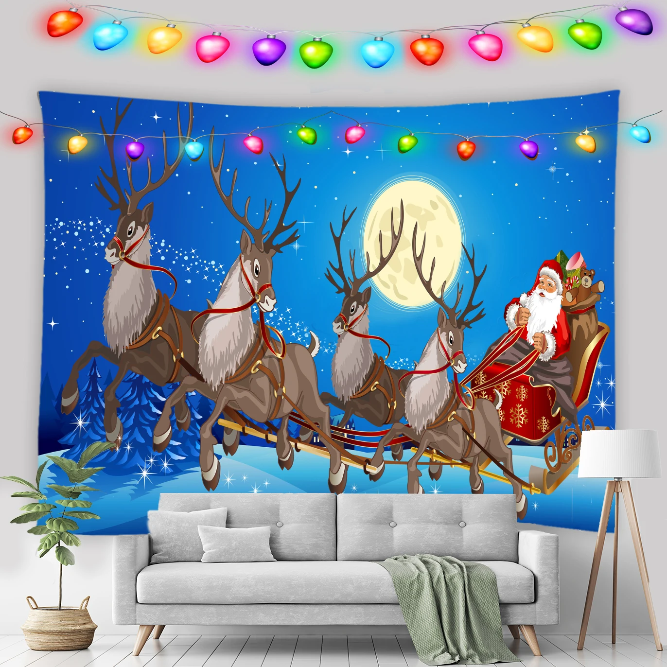 

Cartoon Christmas Decorations 2022 Tapestry Wall Hanging Moonlight Santa Claus Reindeer Cart Room Decor Winter Wall Tapestry