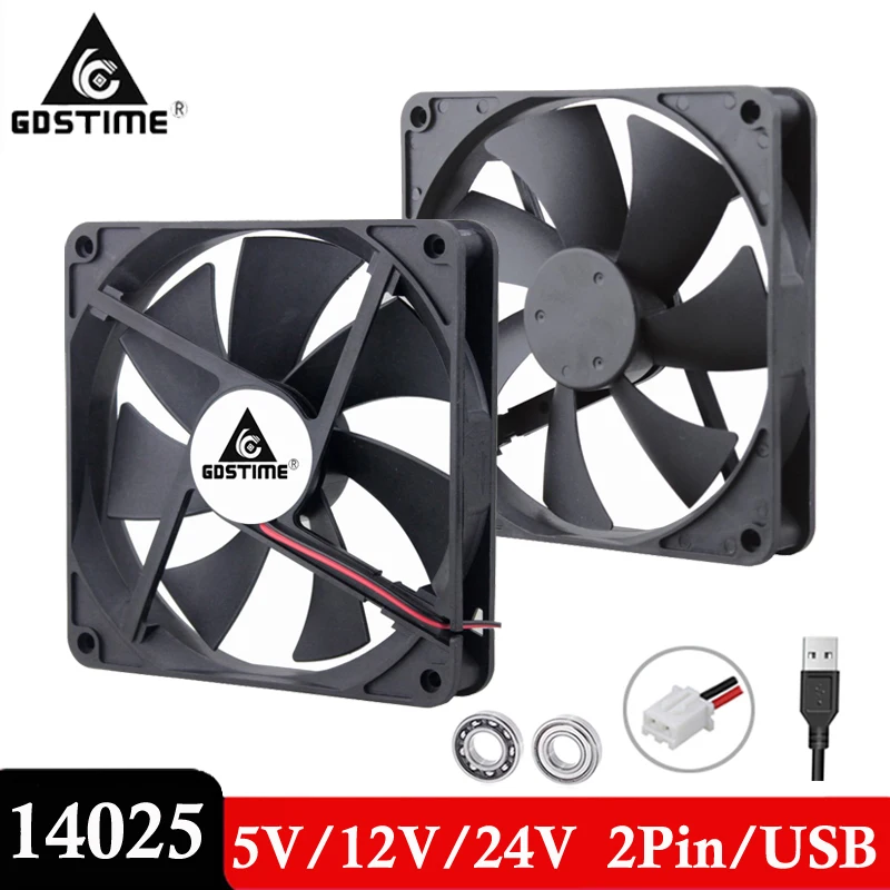 2 шт. Gdstime 14025 DC 5V 12V 24V 2Pin USB 140x140x25 мм ПК процессор компьютер бесщеточный чехол