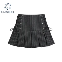 y2k pleated skirt womens sexy high waist sid grey stripe bandage mini skirts 2021 summer new pleated skirt harajuku streetwar