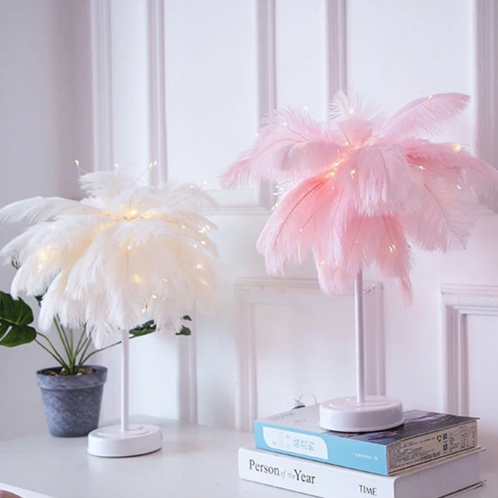 

LED Creative Feather Table Lamp Tree Feather Lampshade Night Light for Birthdaywith Remote Control USB Battery Power Desk Lamp