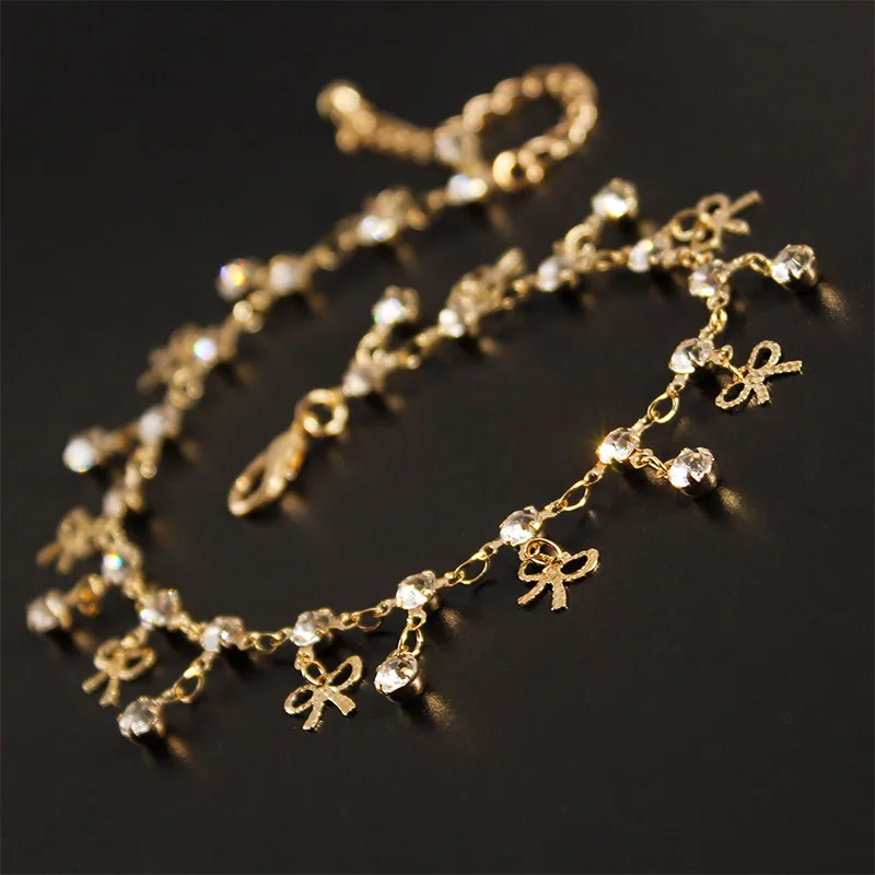 

Gold Bow Anklet for Women Girls Fashion Zircon Pendant Anklet Bracelet On Leg Gold Silver Color Beach Accessories Jewelry Gift