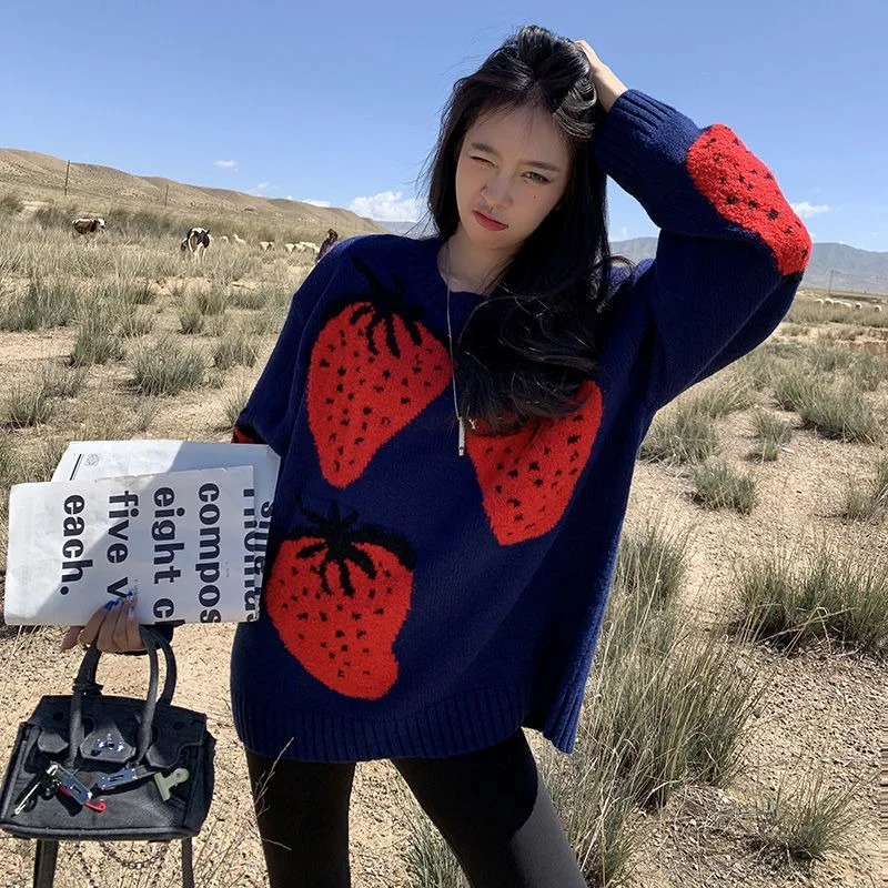 

New Knitwear Sweater Strawberry Loose Lazy Style Long Sleeve Soft Waxy Women's Sweater Autumn and Winter