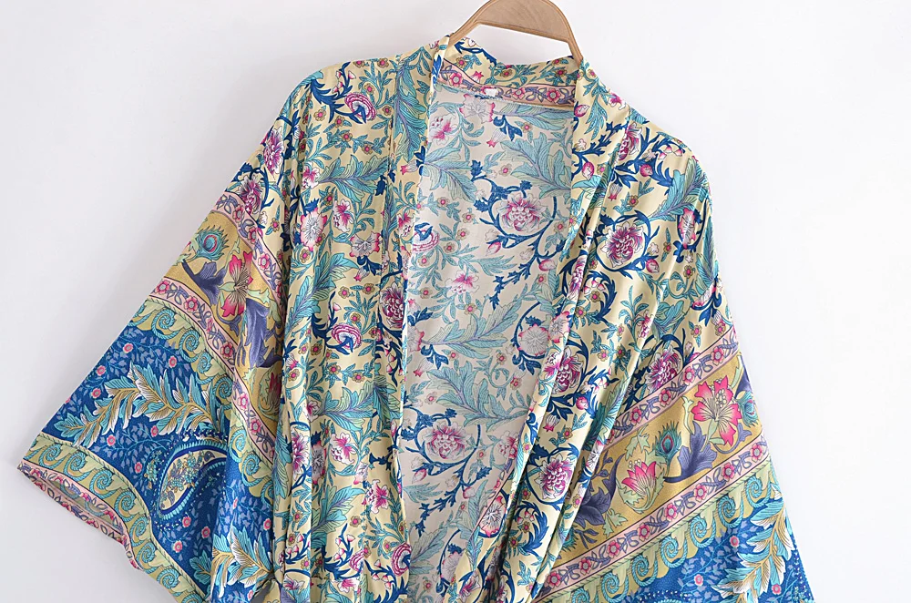 Vintage Chic Women Floral Print Bat Sleeve Beach Bohemian Kimono Happie Dress Ladies V Neck Summer Boho Robe Cover-up | Женская одежда