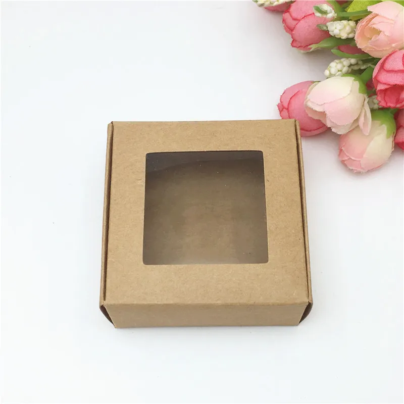 

Wholesale 50pcs Kraft Paper Box Transparent PVC Window Soap Boxes Jewelry Gift Packaging Box Wedding Favors Candy Box