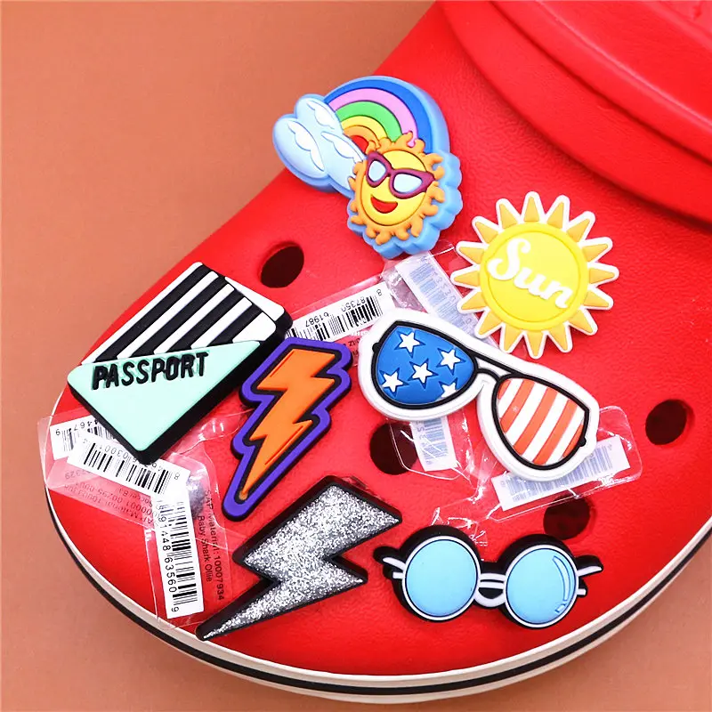 Original PVC Croc Shoe Charms NEW Sunglasses Sunrise Sun Lightning Shoes Decorations Accessories for Jibz Kids Party Gifts U197