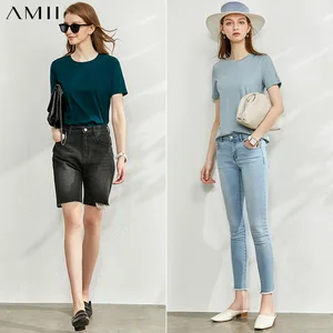 Футболка женская весенне-летняя, с круглым вырезом и коротким рукавом, 12060035