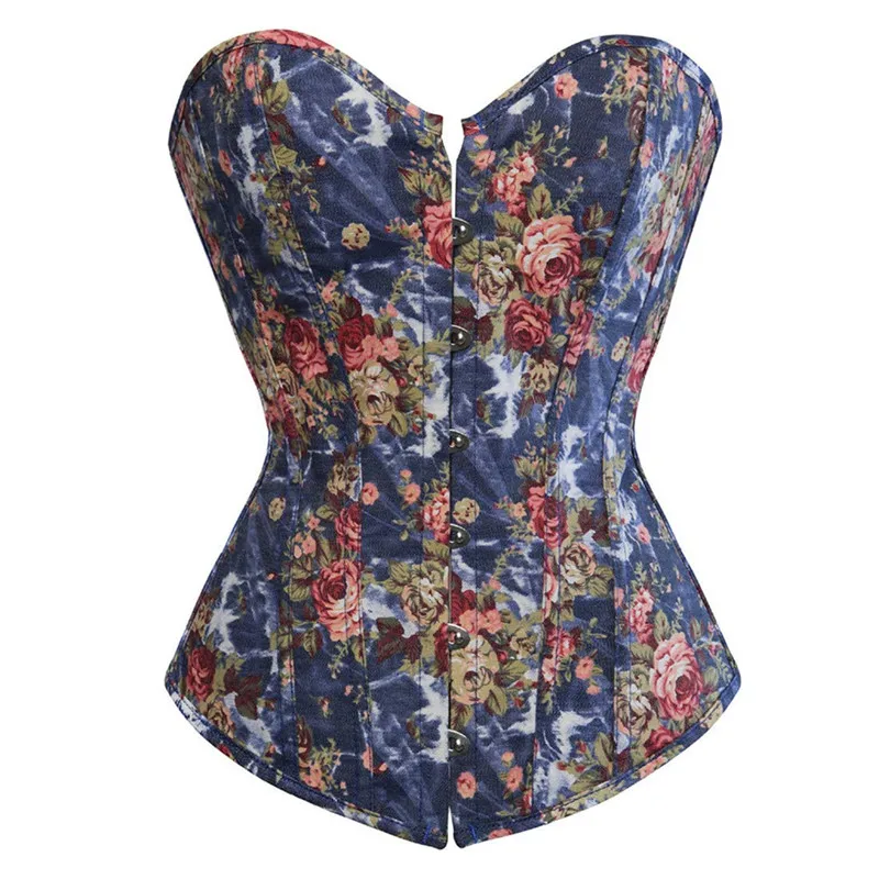 

lho feminino, espartilho de jeans vintage para mulheres, floral, overbust, lingerie sexy, top, cintura, cincher, azul