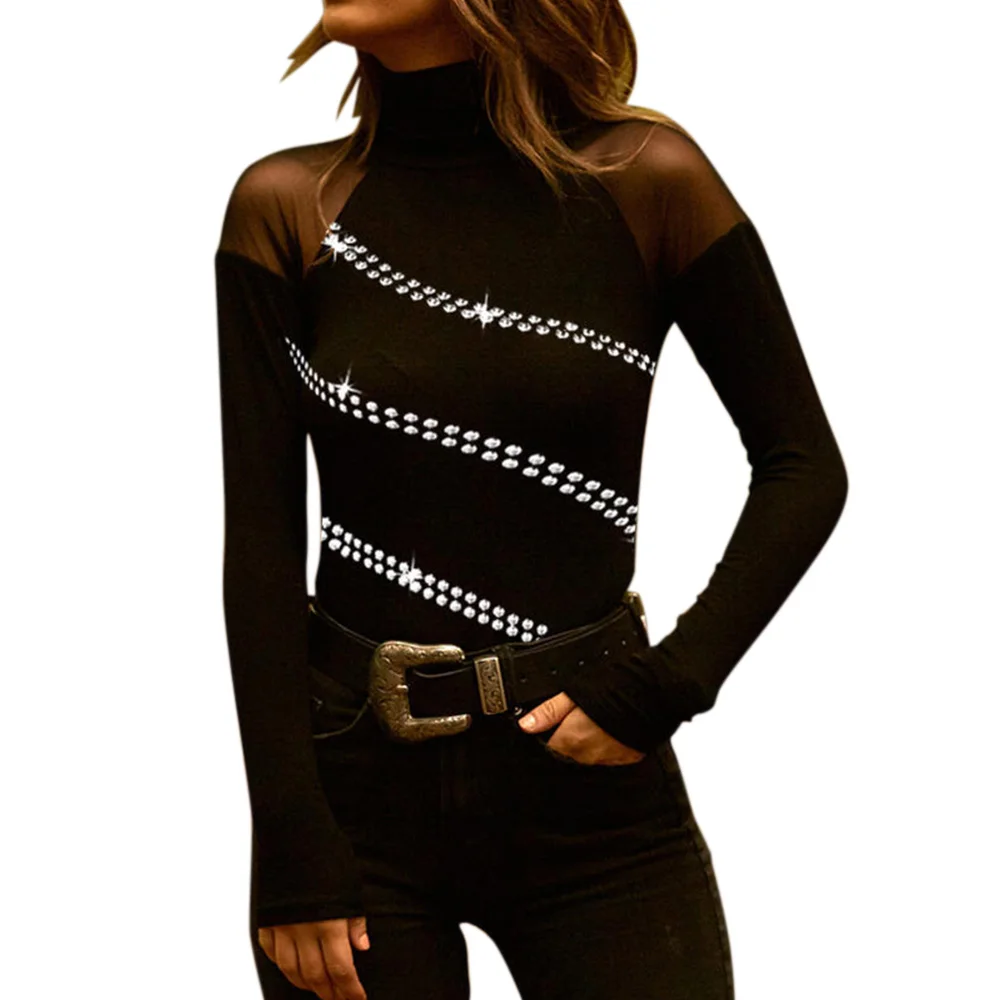 

Women Turtleneck Hot Drilling Tops Mesh Stitching Shirts Solid Color Fashion Autumn Spring Long Sleeve Slim Fit Female Clothes