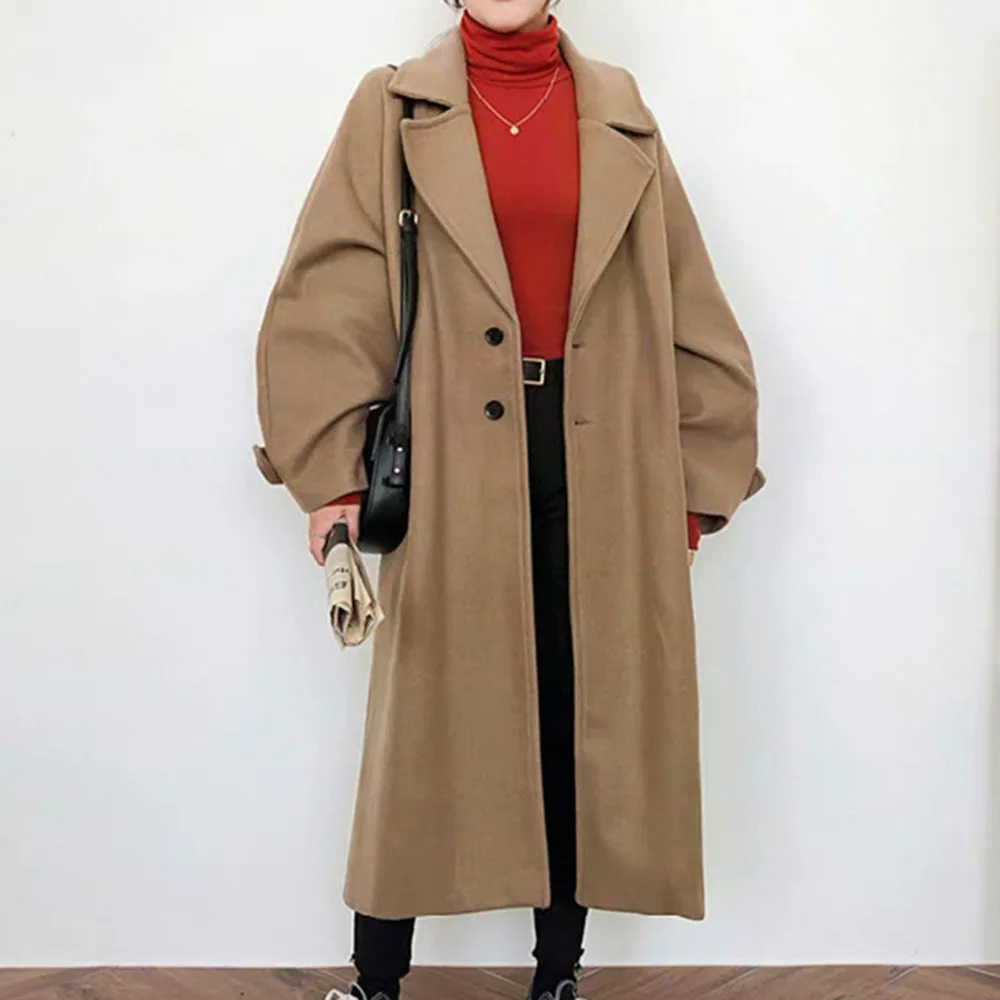 

Black Woolen Coat Women 2022 Hepburn Style Long Autumn Straight Casual Popular New Korean Fashion Ladies Overcoat Temperamen