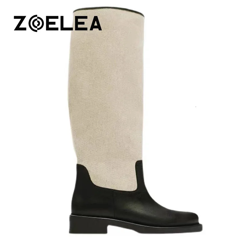 

ZRA/женские сапоги в стиле ретро с Ковбой, наездник, бежевые сапоги до колена, с круглым носком, на толстом каблуке, высокие ботинки на плоской ...