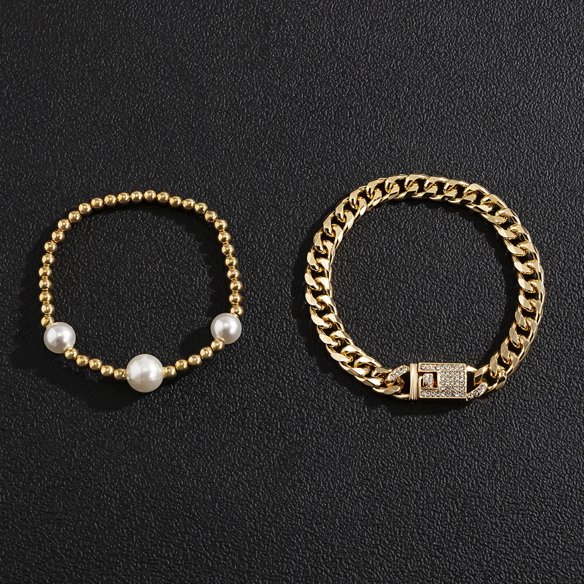 

Rhinestone Cuban Chain Bracelet for Women 2Pcs/Set Boho Vintage Pearl Beads Bracelets on Hand Luxury Crystal Wristband Jewelry