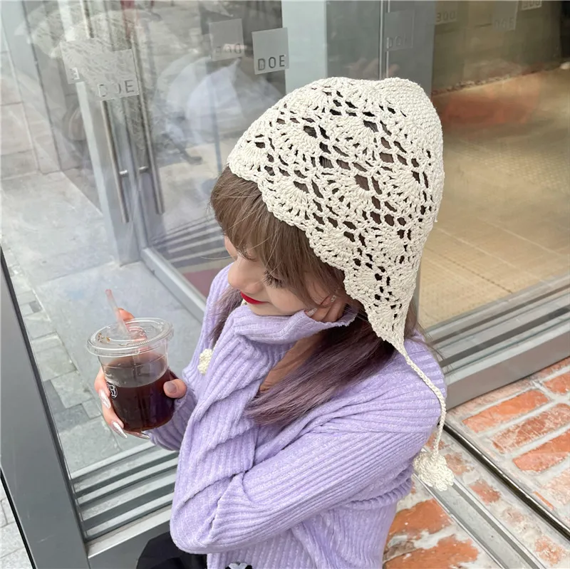 

Handmade Thin Lace up Weaving Hollow Hat Toe Cap Knitted Hat Spring and Autumn Lace Mesh Cap Elegant Spring and Summer Woolen