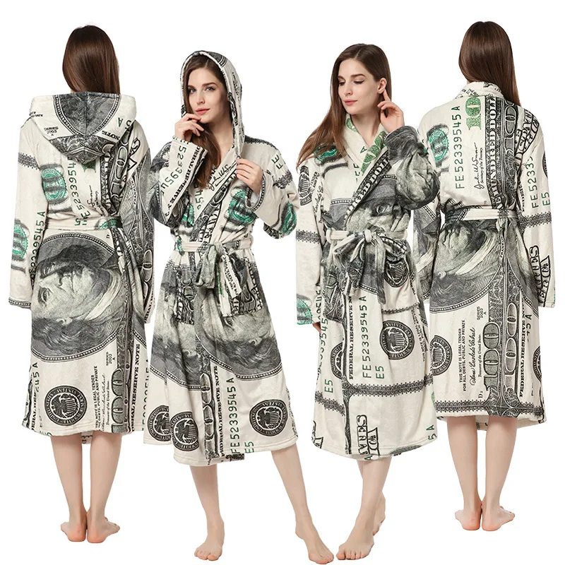 

New Printed US Dollar Hooded Nightgown Men And Women's Home Clothes Lacing Warm Flannel Personalized Bathrobe Nightgown