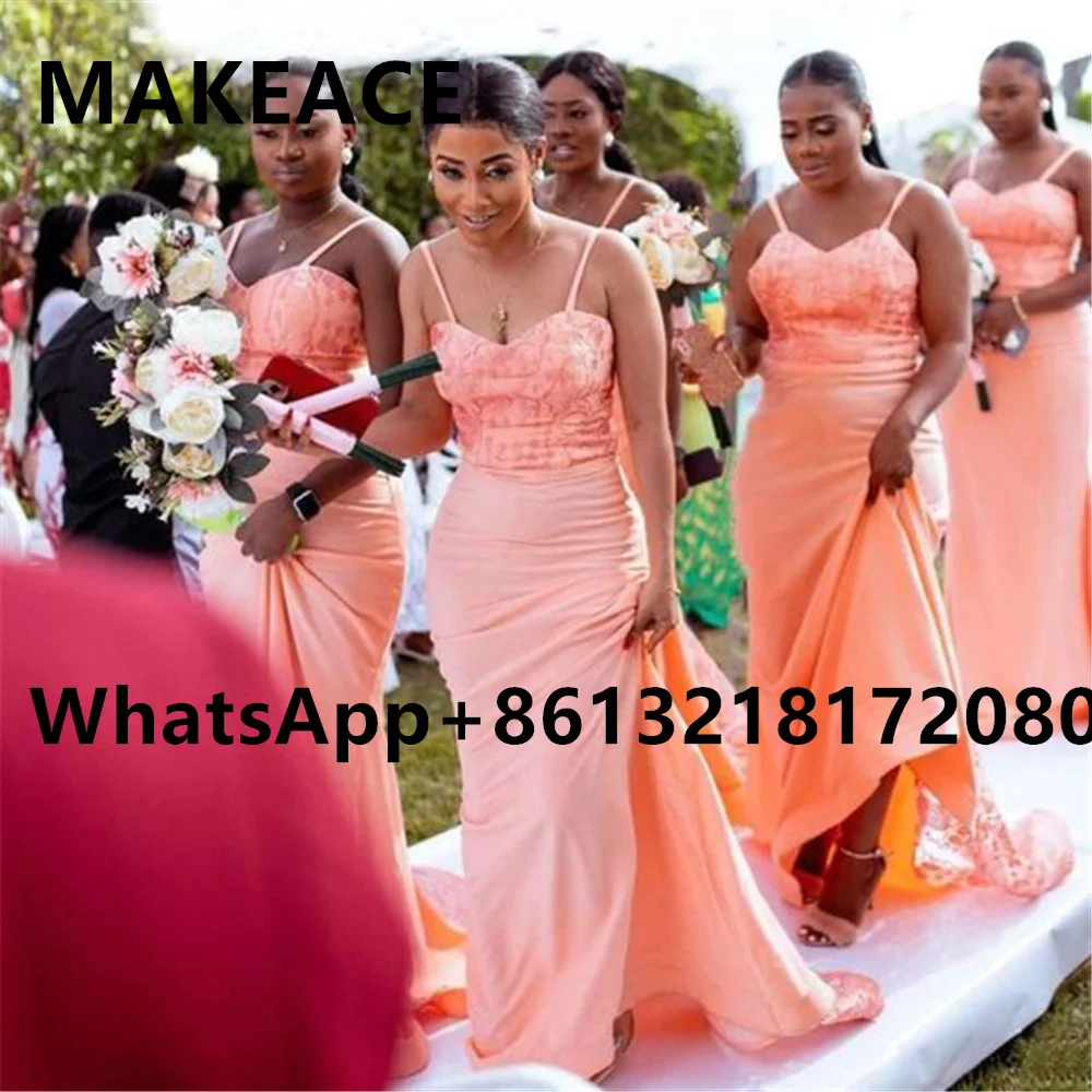 

Spaghetti Strap Pink Mermaid Bridesmiad Dresses 2022 Elegant Top Lace Long Africa Girls Formal Women Wedding Party Dress