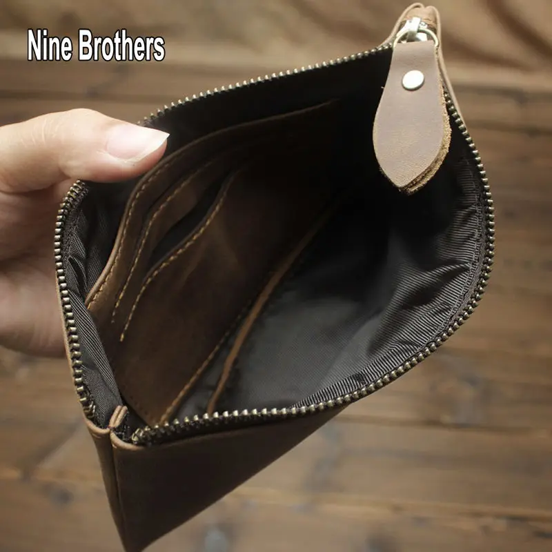 Classci Retro Crazy Horse Leather Men's Zipper Wallet Luxury Clutch Bag Long Wallet Genuine Leather Cowhide Male Phone Purse