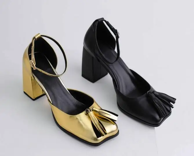 

Hot Selling Black Gold Leather Square Toe One Line Buckle Strap Pumps Women 8 cm Chunky Heels Fringe Shallow Mary Jane Shoes