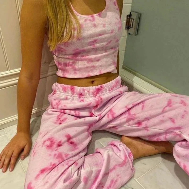 

Summer 2020 Two Piece Outfits for Women Tie Dyeing Sweatsuit Slim Short Tank Top Casual Long Pants Tracksuit Sportswear MD0157