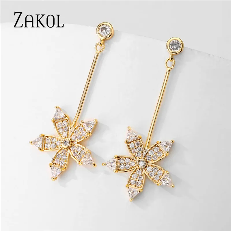 ZAKOL Romantic Cubic Zirconia Flower Dangle Drop Earrings for Women Fashion Wedding Dinner Party Bridal Jewelry FAEP087 | Украшения и