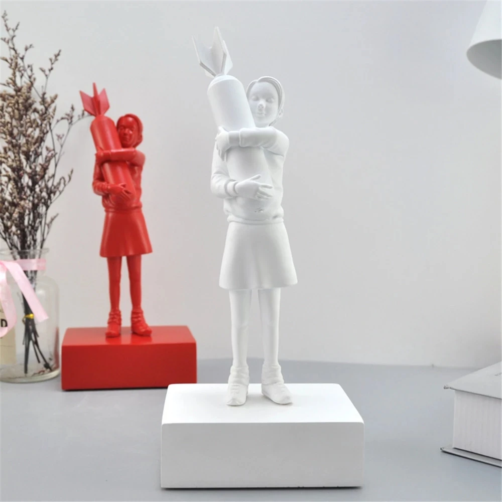 

Bomb Hugger Banksy Sculpture Bomb Girl Street Art Resin Statue Creative Home Decor Modern Figurines Simple Packing