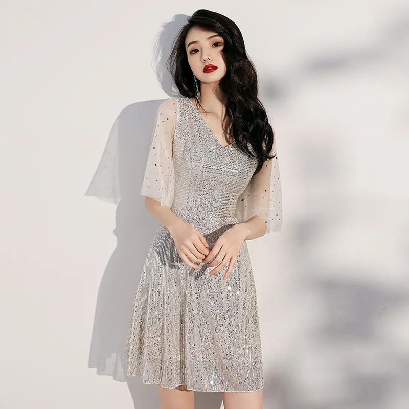 

Women Sexy Sequin Evening Dresses Elegant Short Sleeve A-Line Party Dress Female Cheongsam вечернее платье