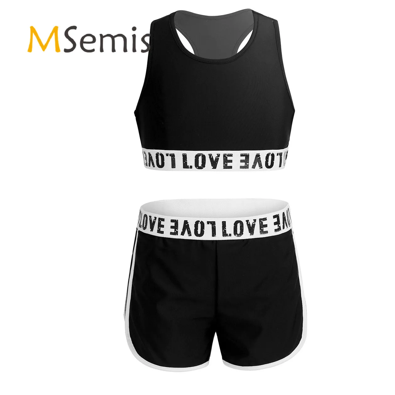 

MSemis Kids Girls Gymnastics Ballet Dance Costume Athletic Outfit Letter Printed Sleeveless Tanks Crop Top with Bottoms Shorts