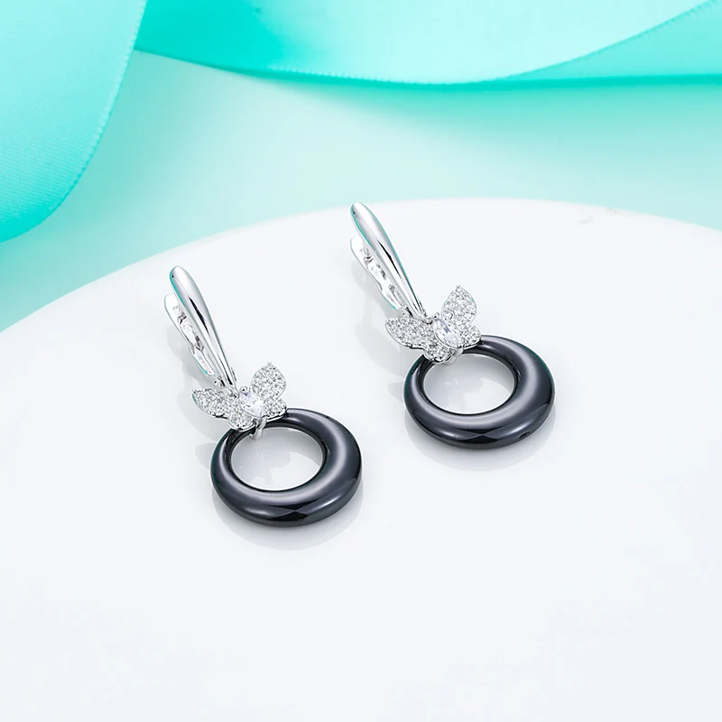 Женские керамические серьги бабочки классические черные с микро инкрустацией из