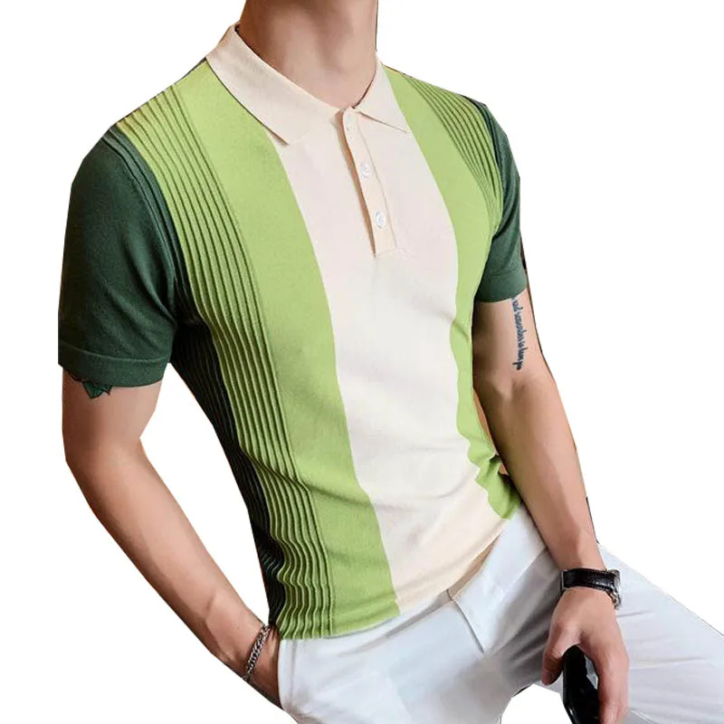 

2020 new Polo Gradual Change Color Men's Knitted Polo Shirt Short-sleeved Tops Striped Turn Down Collar Business Polo Men Shirt