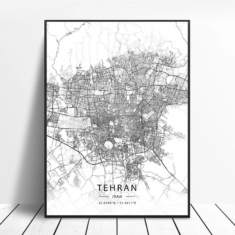Черно-белая Φ Иран белая широтная долгота карта Плакат Картина Искусство Холст