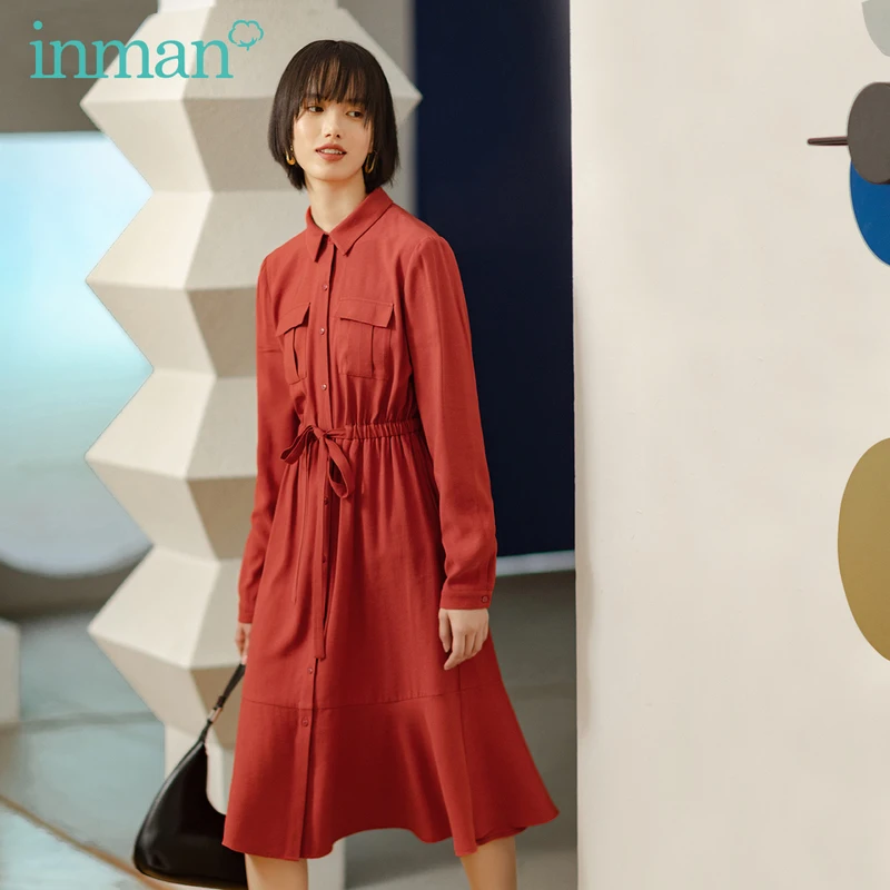 

INMAN Spring Autumn Women Elegant Office One Piece Lapel Waist Single Breasted Literary Lady Long Sleeve Fishtail Shirt Dress