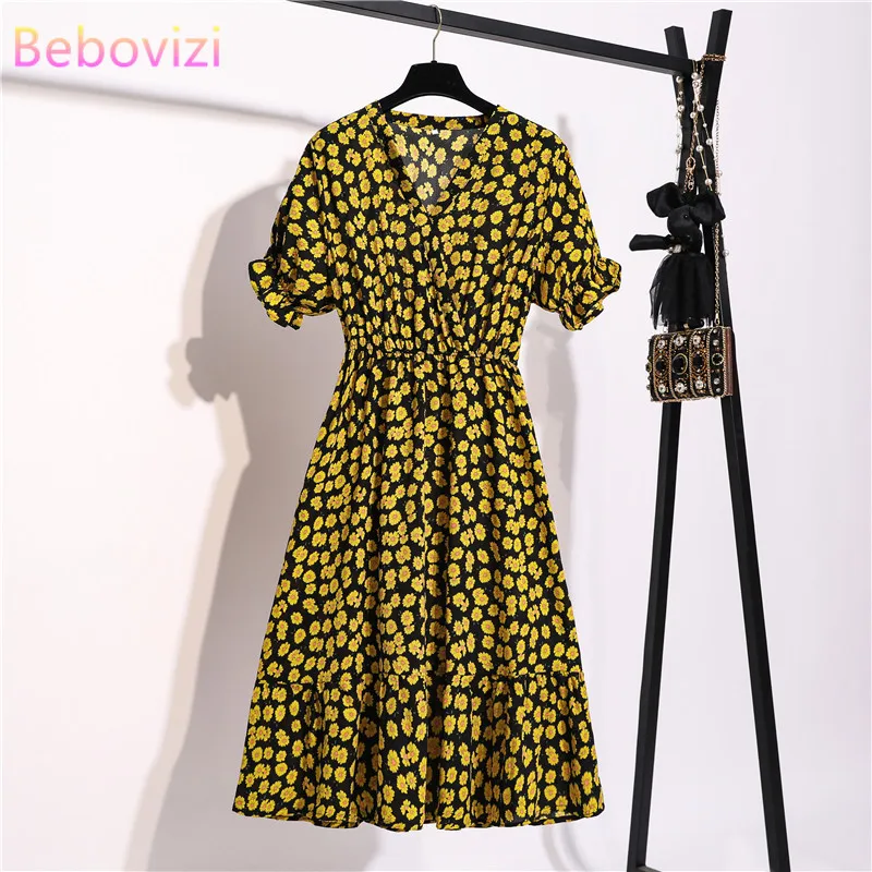 Женское шифоновое платье-миди с коротким рукавом V-образным вырезом | Женская