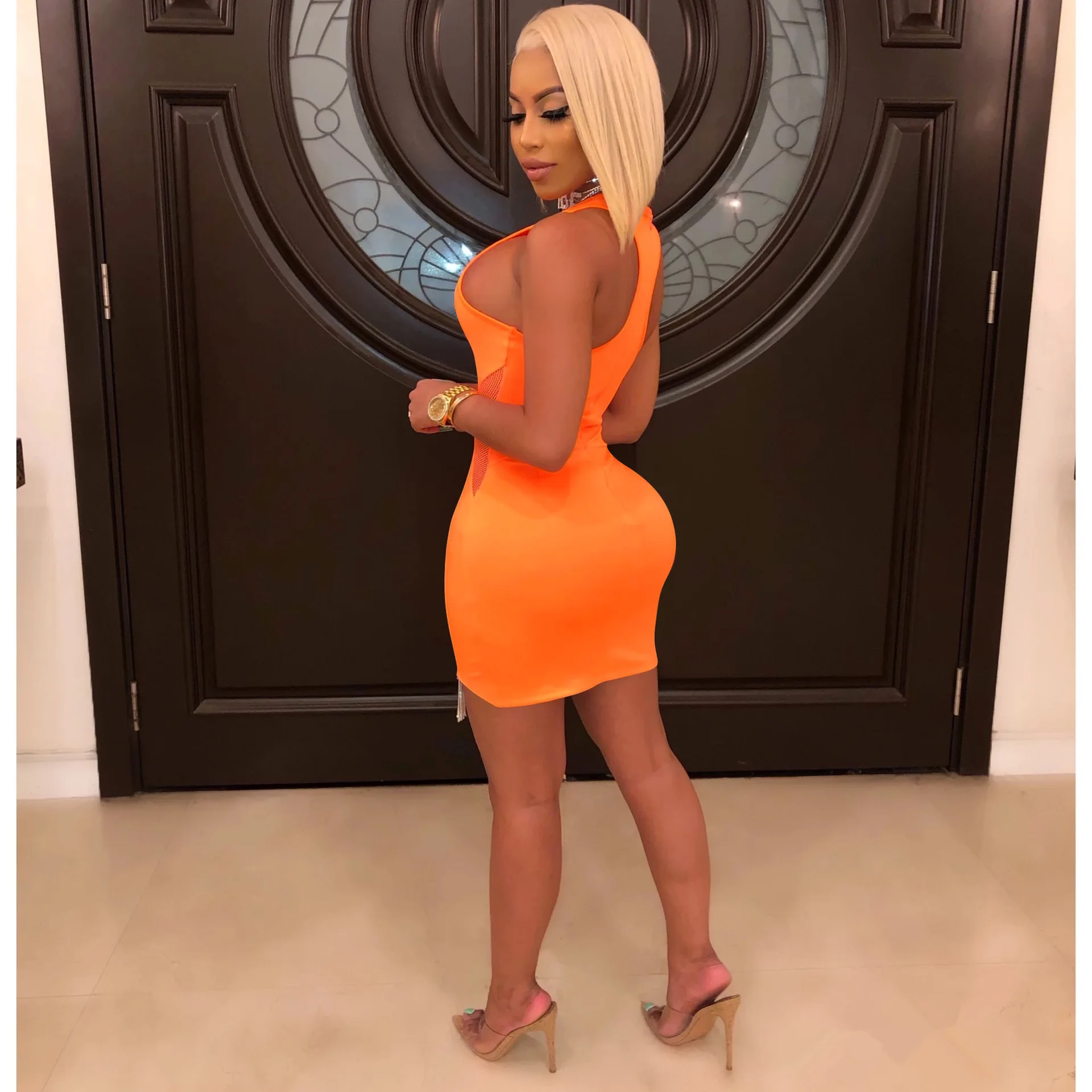 2019 сексуальное Сетчатое облегающее короткое платье с кисточками круглым вырезом