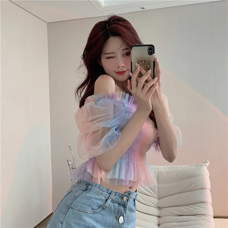 

New Summer Elegant Fairy Tale Shirt Net Gauze Slim Short Ins Female Sweet Bubble Sleeve Rainbow Blouses Cute Short-sleeved Tops
