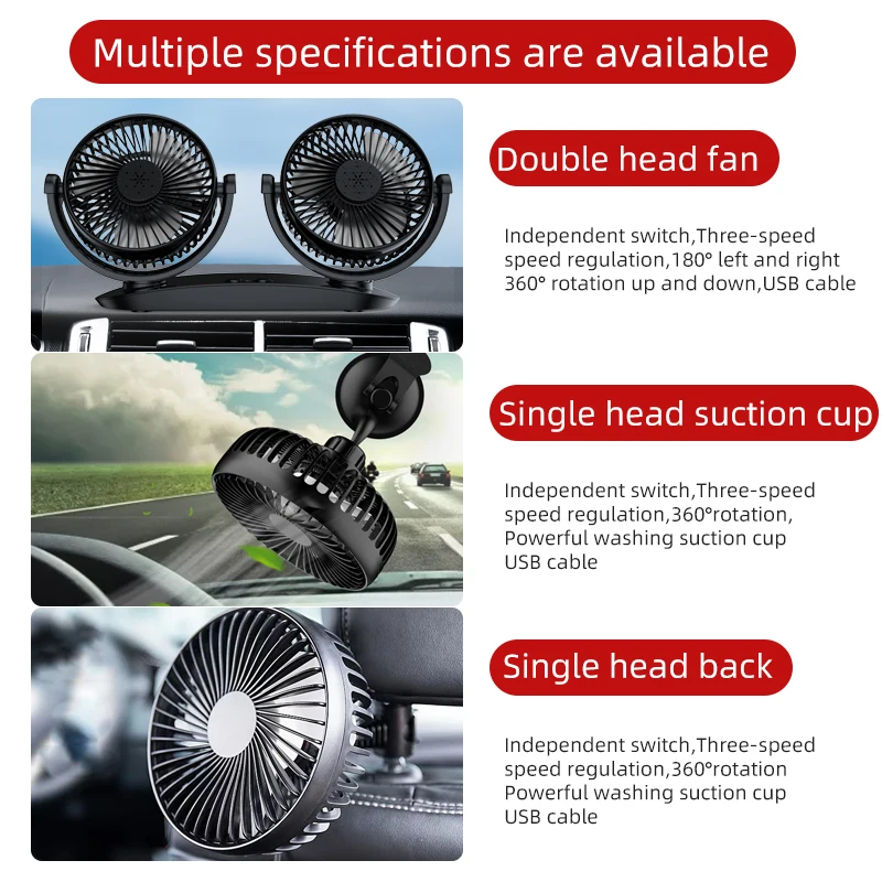 $87.17 Dual Head Car Air Fan 360 Degree Adjustable 3 Grade Large Wind Speed Low Noise USB Cooler 12/24V Auto Back Seat with Suction Cup