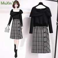 womens short skirt suit 2021 new autumn winter vintage knitted sweaters plaid skirt two piece korean fashion top dress set