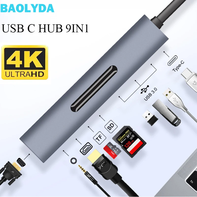 Baolyda HDMI VGA адаптер 9в1 usb type C к HDMI 4K для samsung Dex станция для Galaxy S10/S9/S8 Note 9/8 USB C док-станция для MacBook