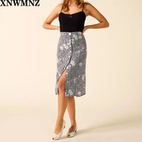 xnwmnz 2020 za high waist split skirt harajuku floral print black skirts womens france center buttons slim women midi skirt