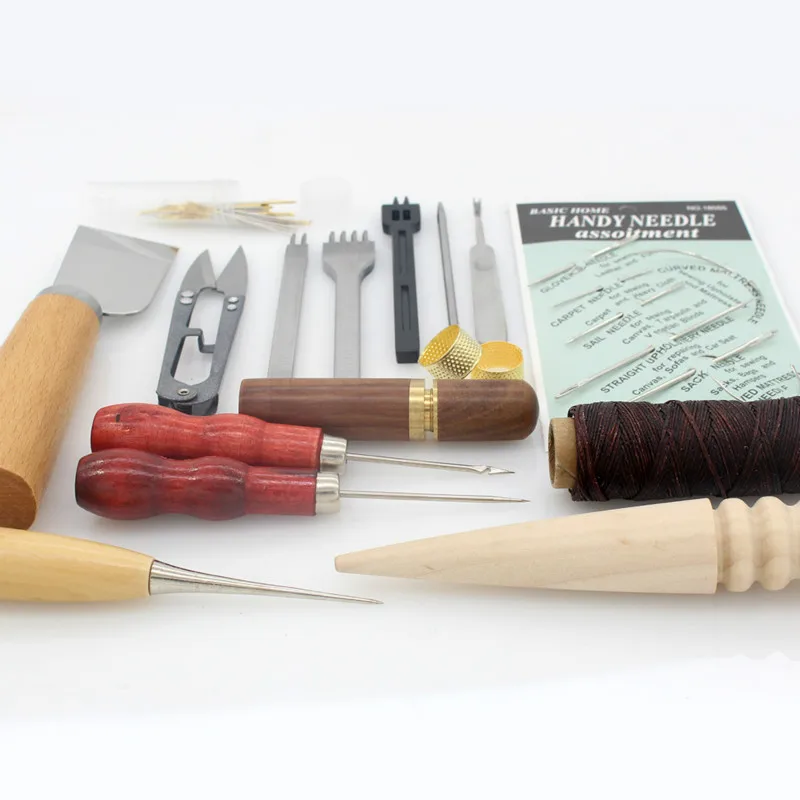 15 Pcs / Lot Leather Sewing Hand Tools Set Needle Edge Hole Punching Wax Thread Knife Scissors Awl and With or Hook|Наборы