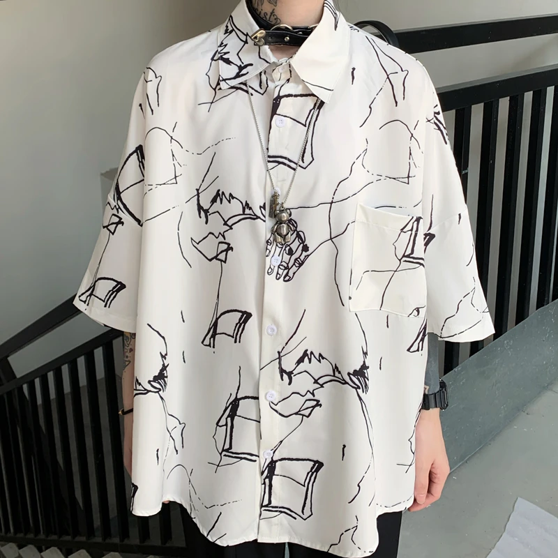 

New Retro Print Shirt Men And Women Trend Summer Short-Sleeved Loose Casual College Style Hand-Painted Pattern Shirt