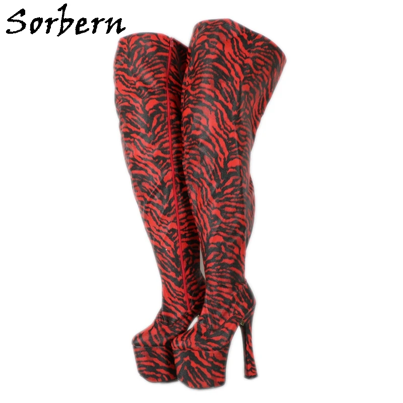 

Sorbern Custom Wide Fit Thigh Boots 20Cm Chunky High Heels Platform Shoes Long Red Tiger Fetish Shoes Drag Queen Boot Unisex