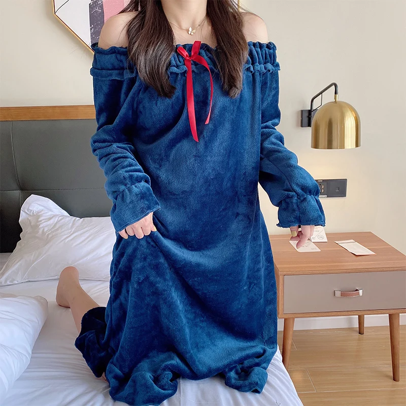 Flannel Night Skirt Horizontal Neck Women Sleepwear Sexy Winter Pullover Bowknot Medium Style