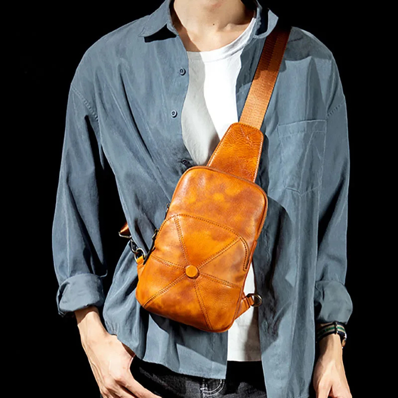 Handmade cowhide rubbed color chest bag, leather trendy sports messenger bag, leisure vegetable tanned leather shoulder bag