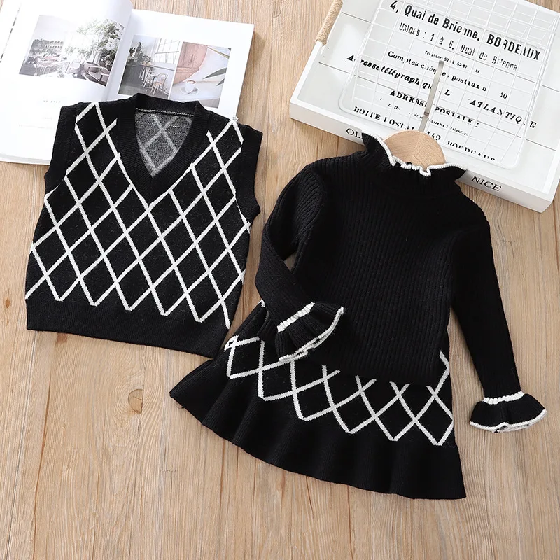 

Girls Winter Clothes Set 3 Pcs Clothing Suit Tops Vest and Skirt Toddler Girl Fall Clothes 2021 Warm Sweater Clothing Set