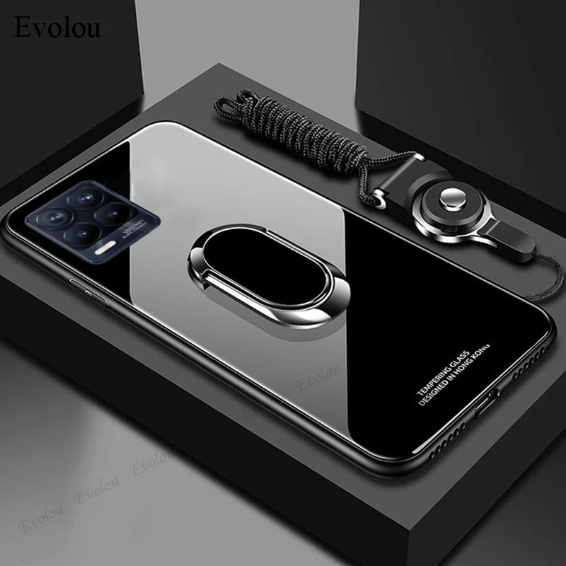 tempered glass phone case for realme 8 pro 7 pro cases magnet ring stand holder back cover with lanyard for oppo realme gt capa free global shipping