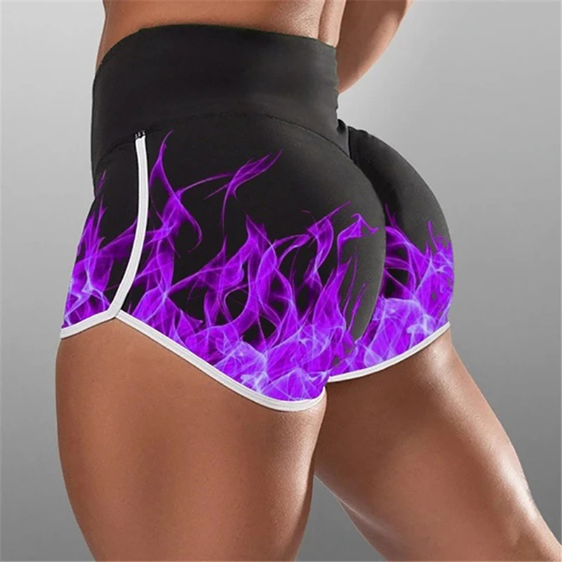 

2021 New Women High Waist Print Fitness Shorts Side Bandage Push Up Slim Shorts Stretchy Fire Print Sexy Short Shorts
