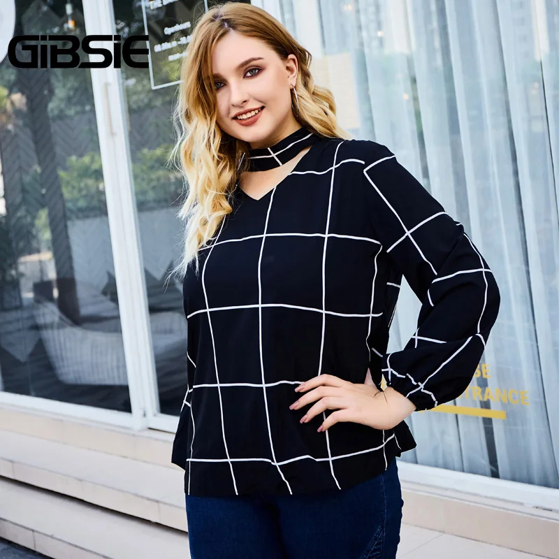 Женская блузка-чокер GIBSIE элегантная офисная блузка в клетку с длинным рукавом и