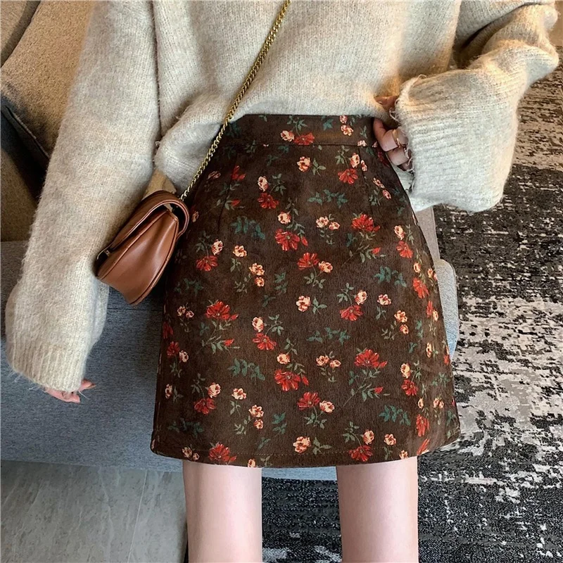 

Women Korean Harajuku Elastic Pencil Skirts Floral Print Vintage Summer High Waist Zipper Elegant Plus Size Chic Lady Mini Skirt