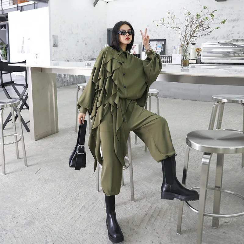 

Hong Kong style suit retro lady fat sister age reduction foreign style long sleeve shirt wide leg pants two sets