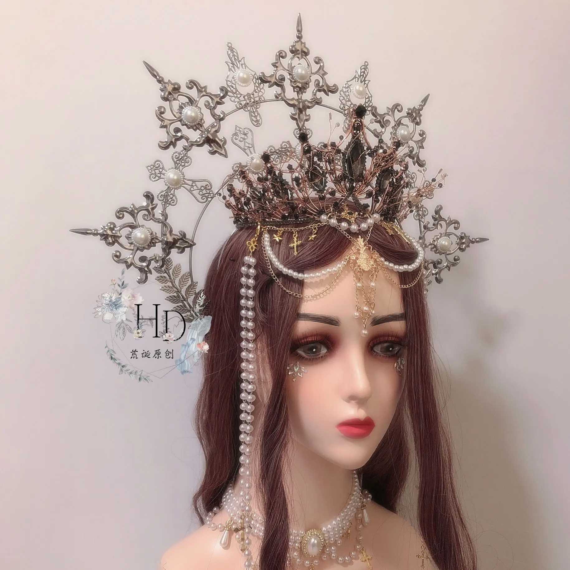 

Lolita Aperture Princess Queen Pope Halo Virgin Gorgeous Chain Hair crown Hair Accessories Cosplay Girl Dark Halloween Headdress