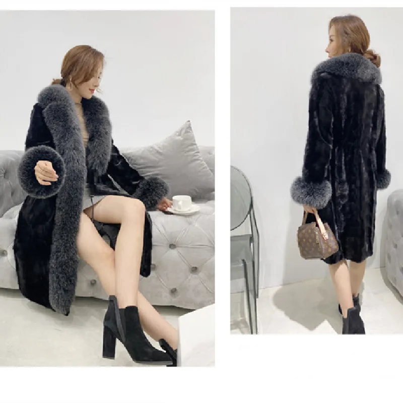 

Genuine Mink Fur Long Coats Women Real Natural Fox Fur Collar Jackets Ladies Winter Warm Thick Outwear Oversize 2021 New Arrival